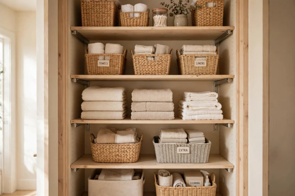 Extra adjustable shelving installed in a bathroom closet