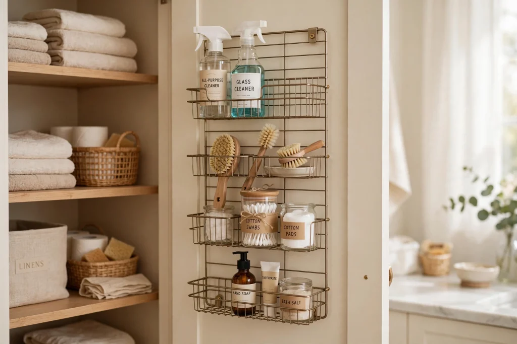 Door-mounted organizer on a bathroom closet door