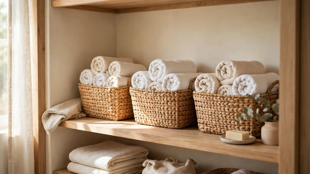Woven baskets holding rolled towels in a bathroom closet