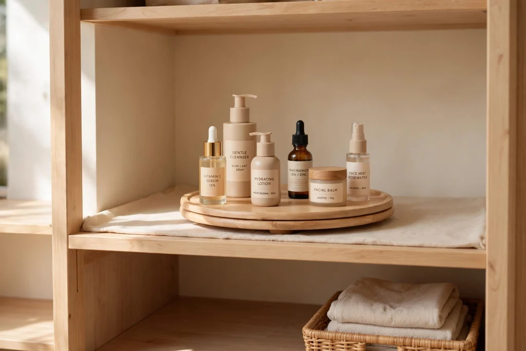 Lazy Susan turntable organizing bottles on a closet shelf