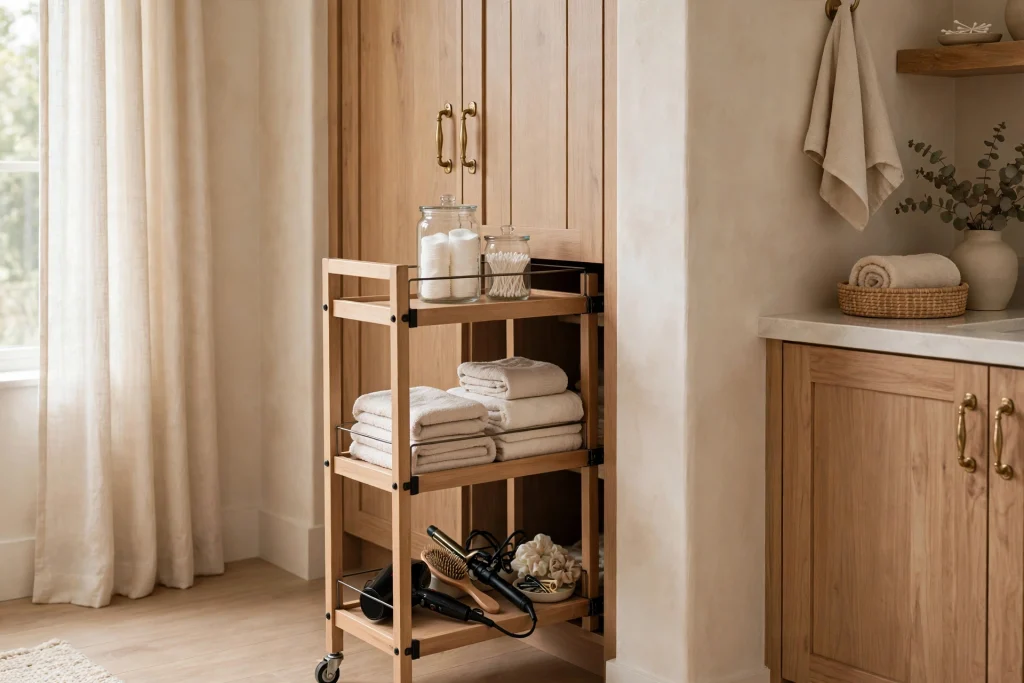 Slim rolling cart beside a bathroom closet
