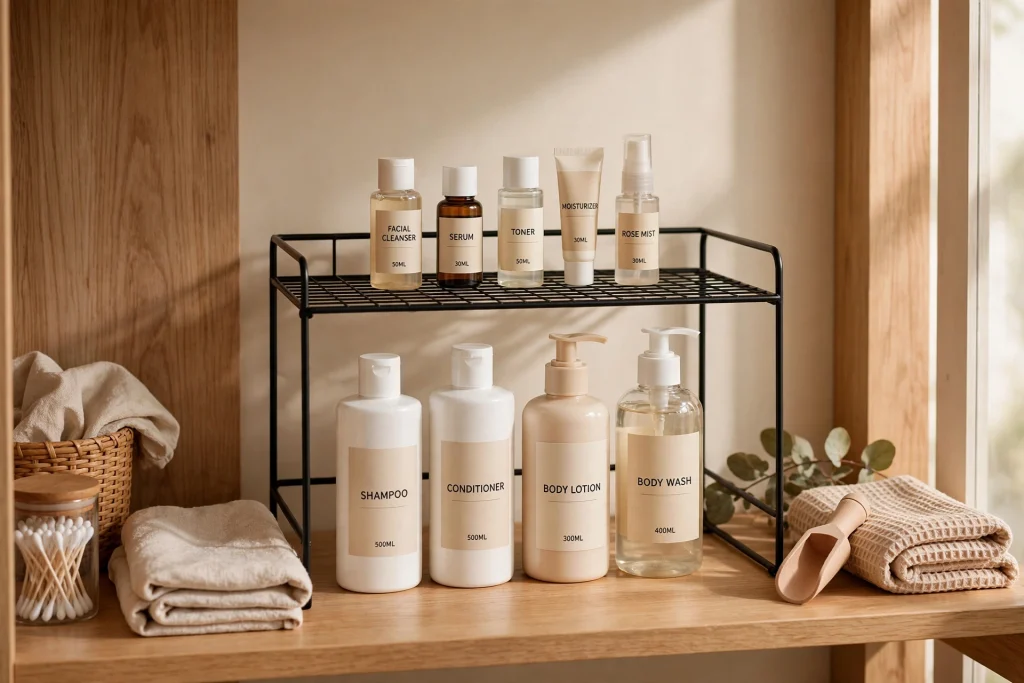 Shelf risers adding extra storage on a closet shelf