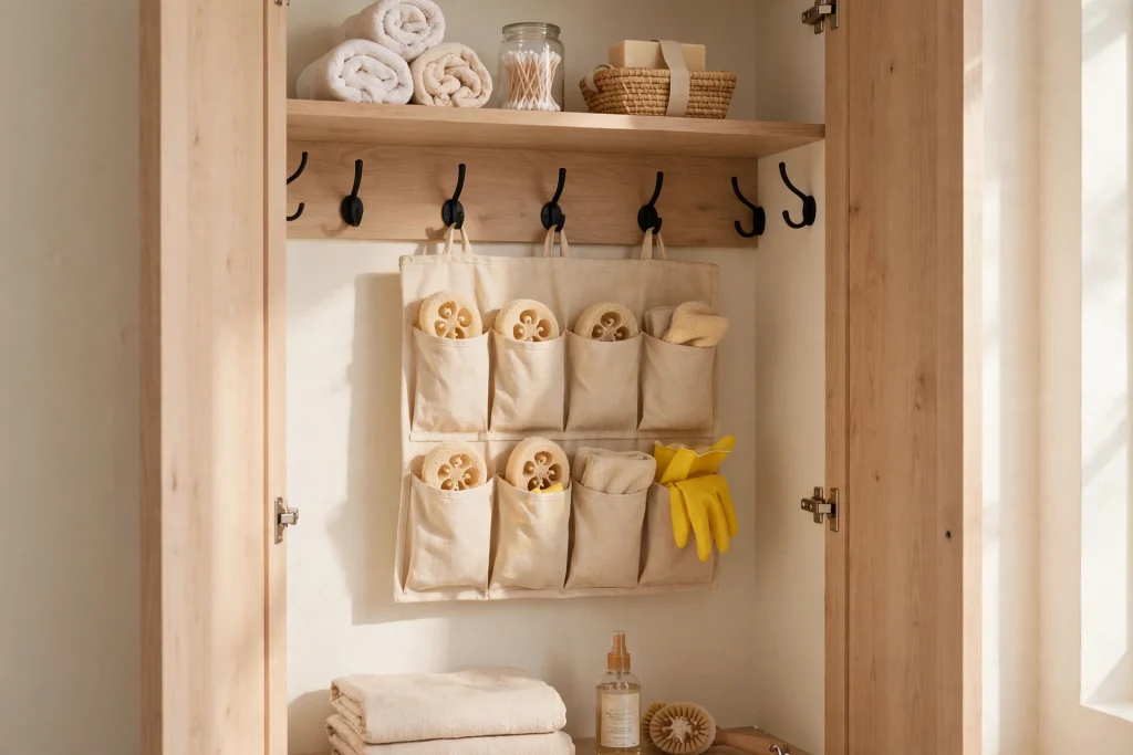 Caddy hanging on hooks inside a bathroom closet