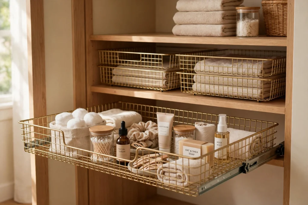 Pull-out drawers installed on bathroom closet shelves