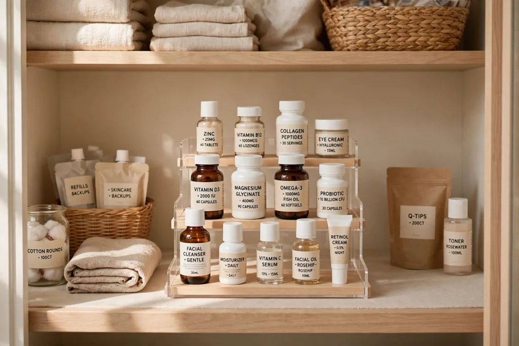 Tiered shelf organizer on a bathroom closet shelf