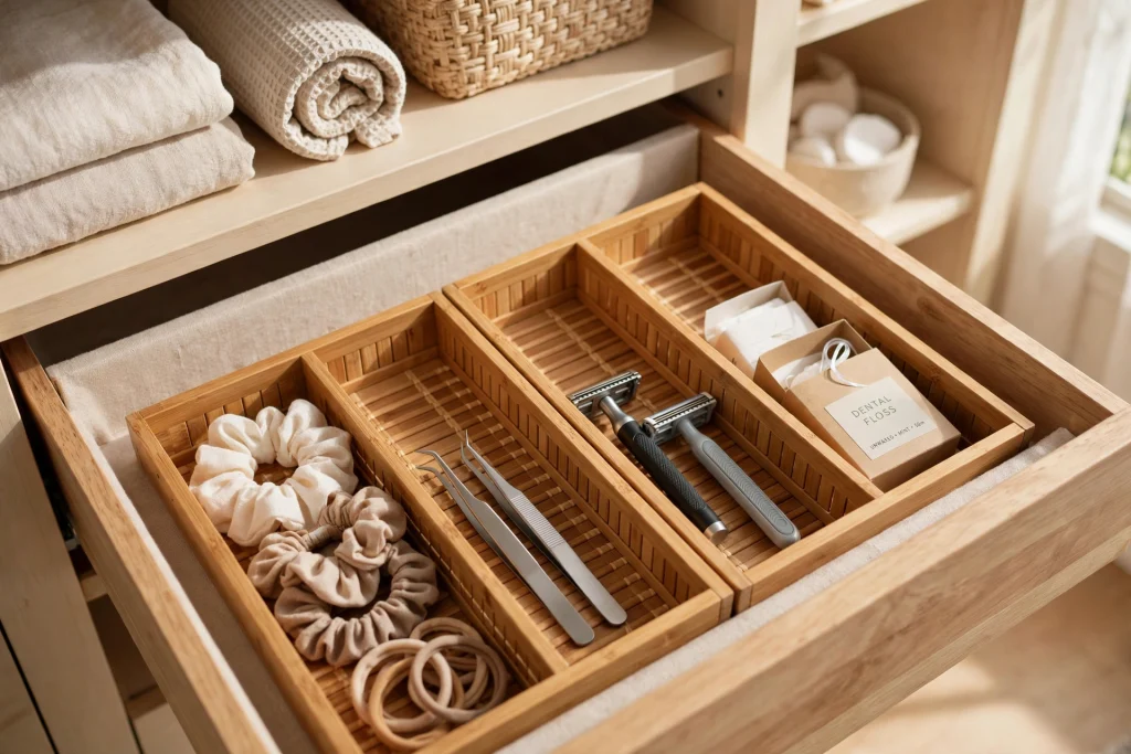 Bamboo drawer dividers organizing a bathroom closet drawer
