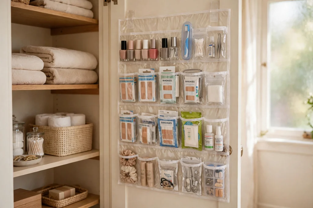 Over-door clear pocket shoe organizer in a bathroom closet