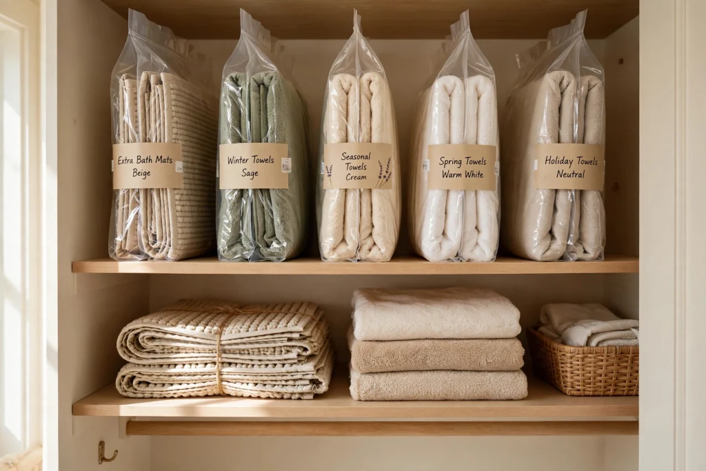 Vacuum-sealed bags storing bulky items on a closet top shelf