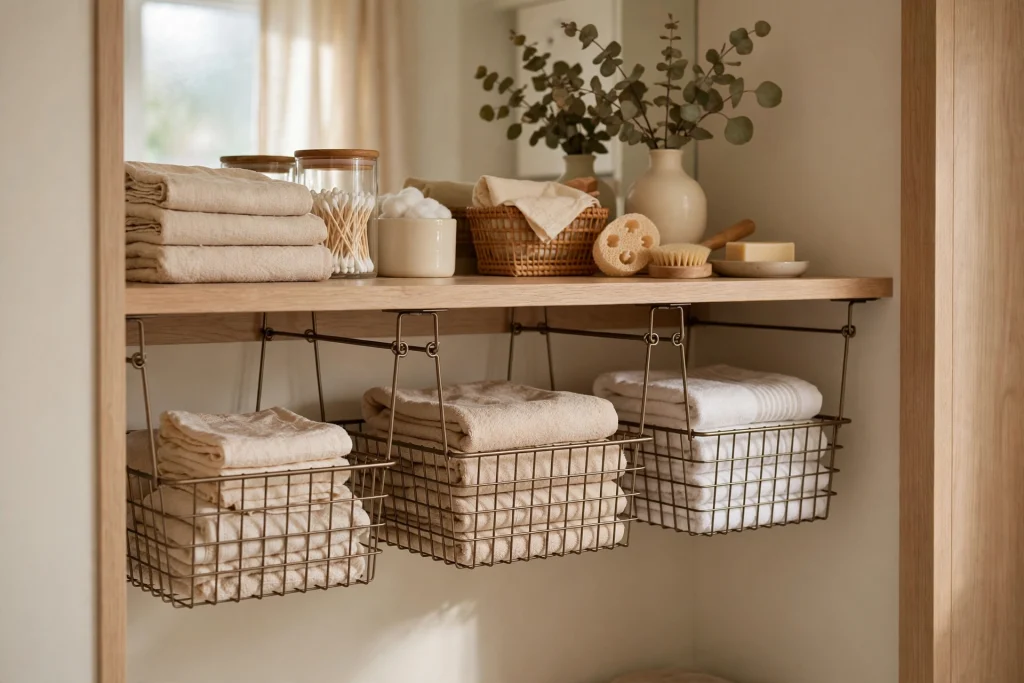 Under-shelf baskets clipped onto a bathroom closet shelf