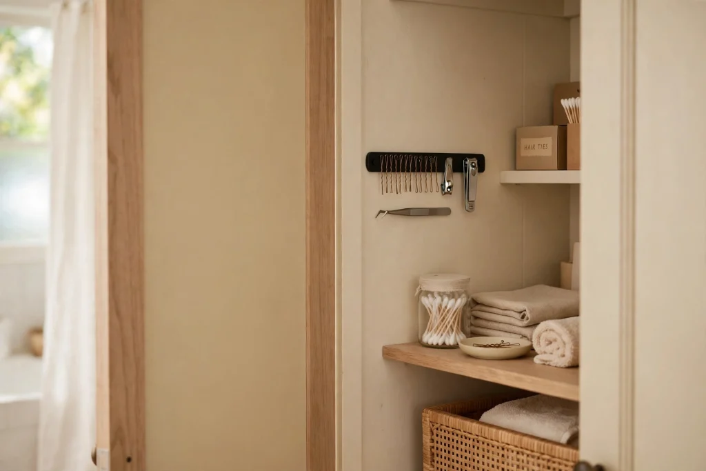 Magnetic strip holding metal grooming tools inside a closet