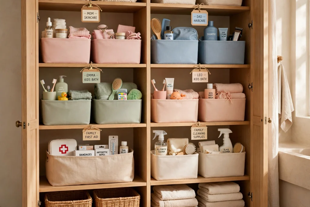 Zoned shelves organizing a bathroom closet by person