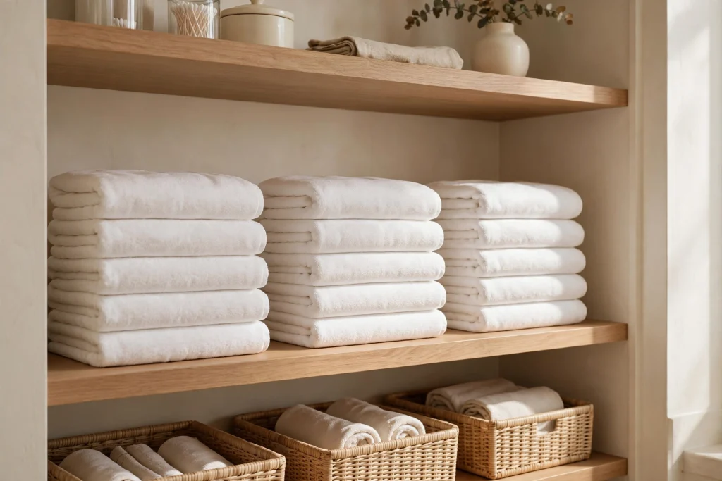 Hotel-style folded towels stacked on a closet shelf