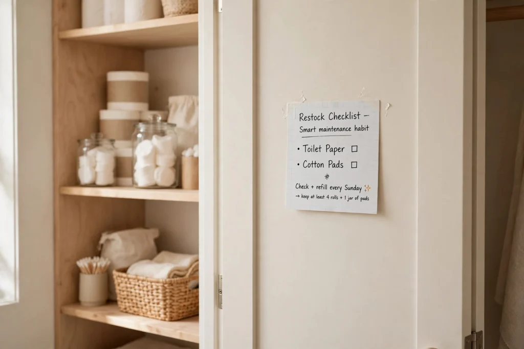 Restock checklist taped inside a bathroom closet door