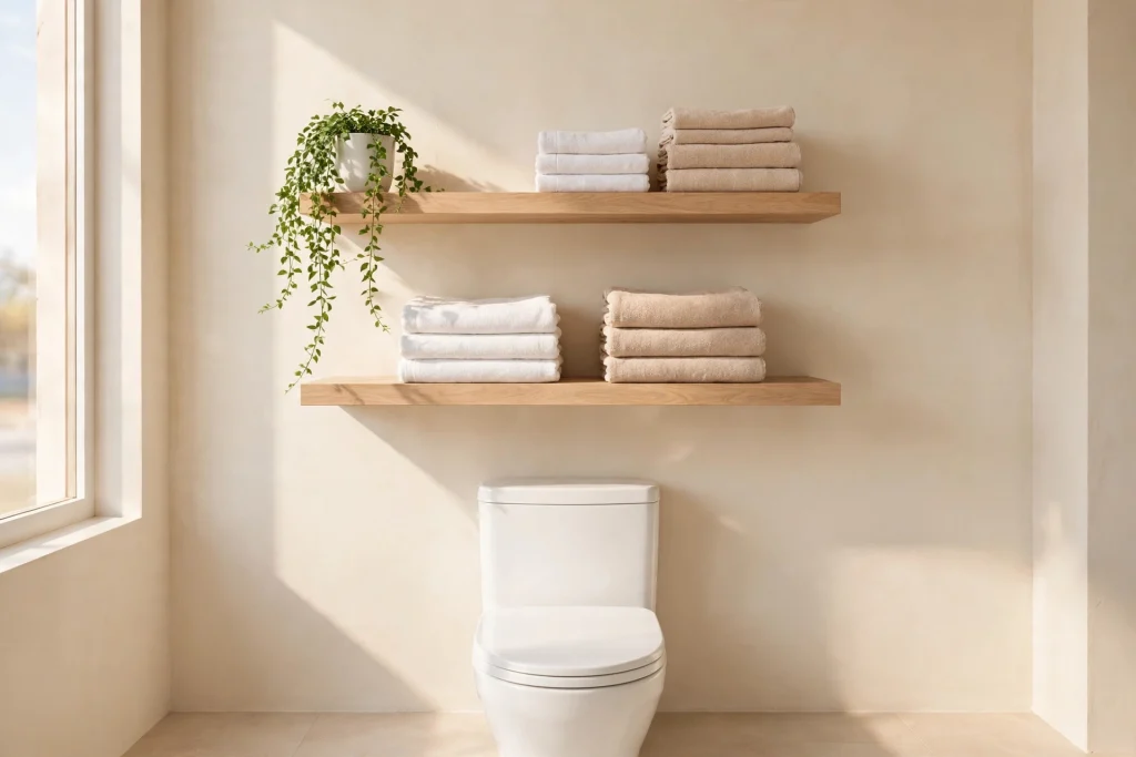 Two floating shelves above a toilet holding folded towels and a plant