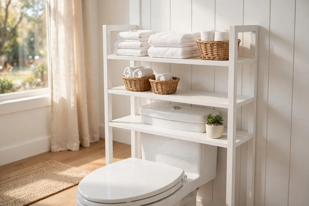 White freestanding etagere shelf unit straddling a toilet tank