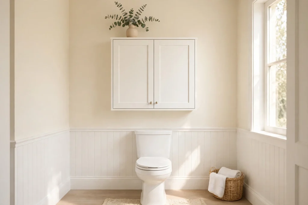 Closed wall cabinet with doors mounted above a toilet