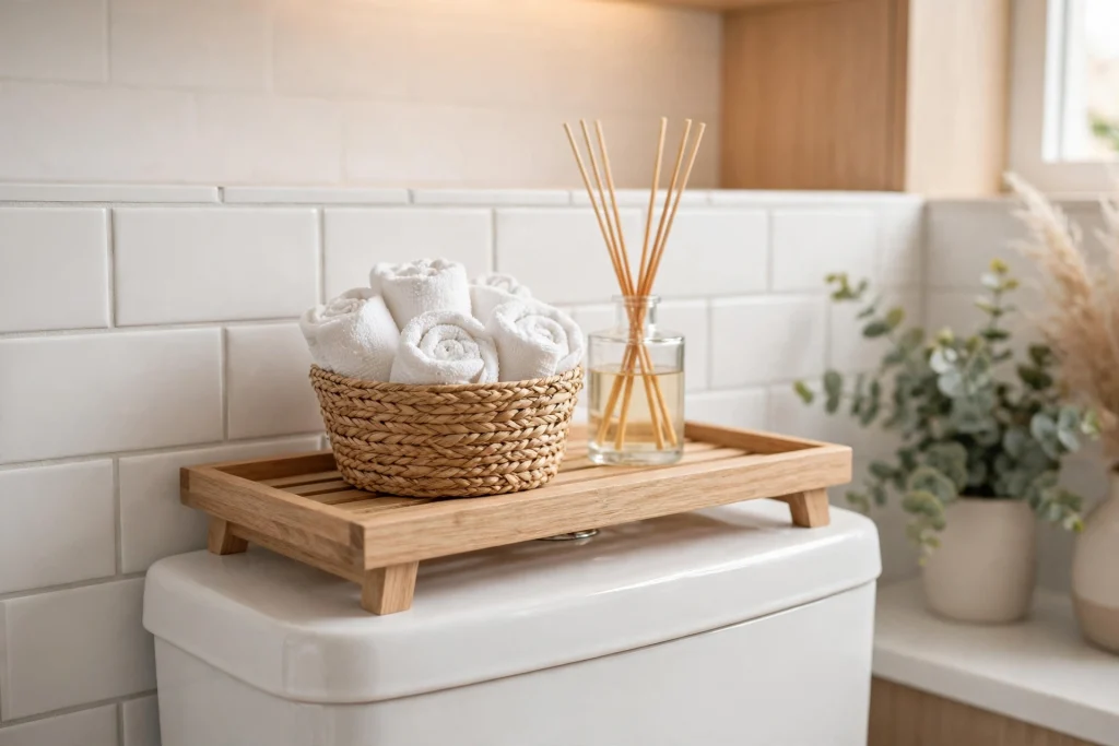 Slim wooden shelf riser sitting on a toilet tank lid