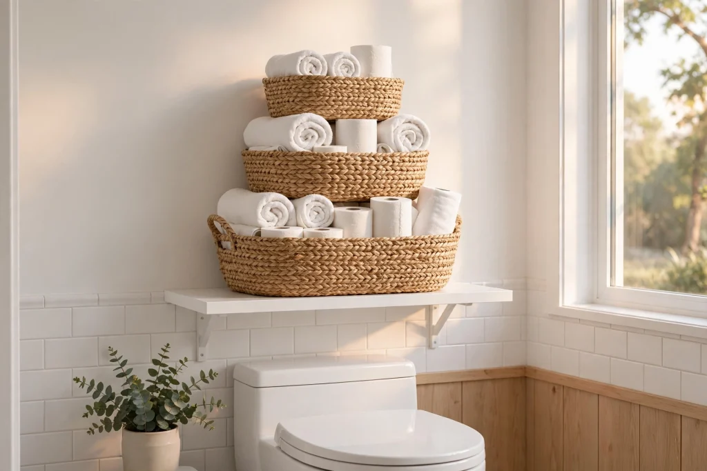 Woven storage baskets arranged on an open bathroom shelf