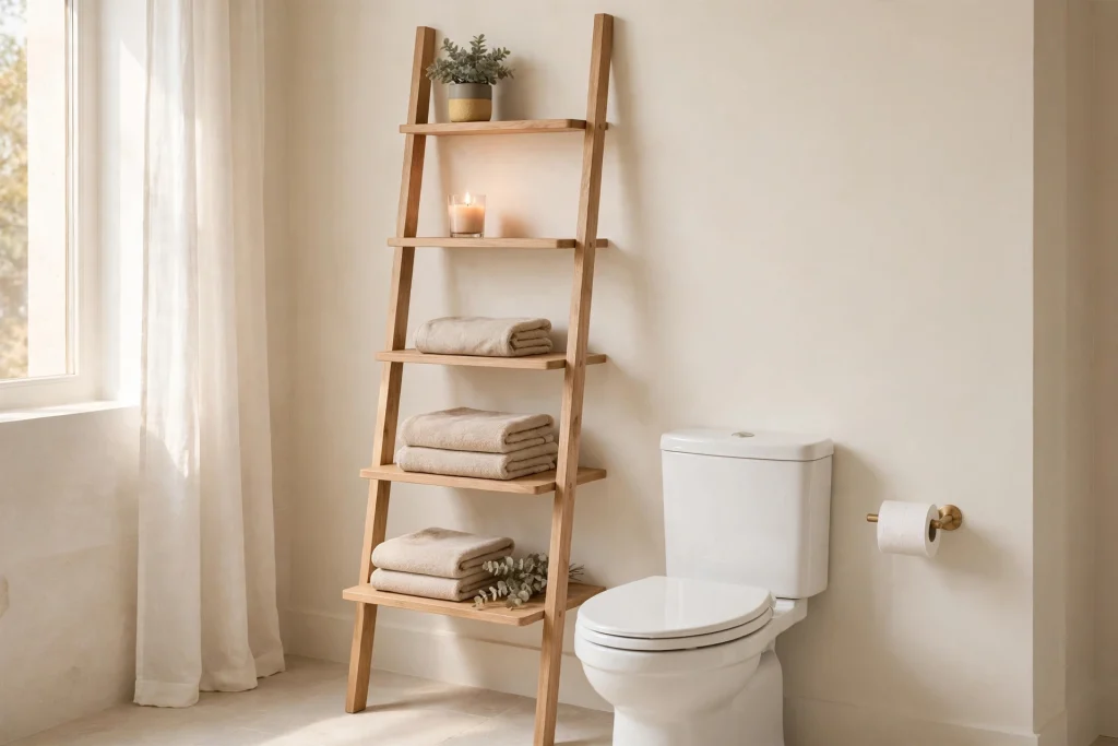 Ladder-style leaning shelf unit over a toilet with towels