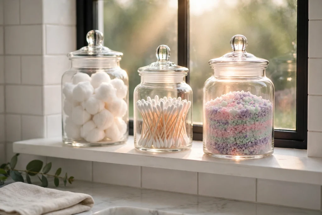 Glass apothecary jars with cotton balls on a bathroom shelf