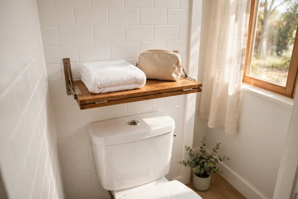 Fold-down wall shelf mounted above a toilet tank