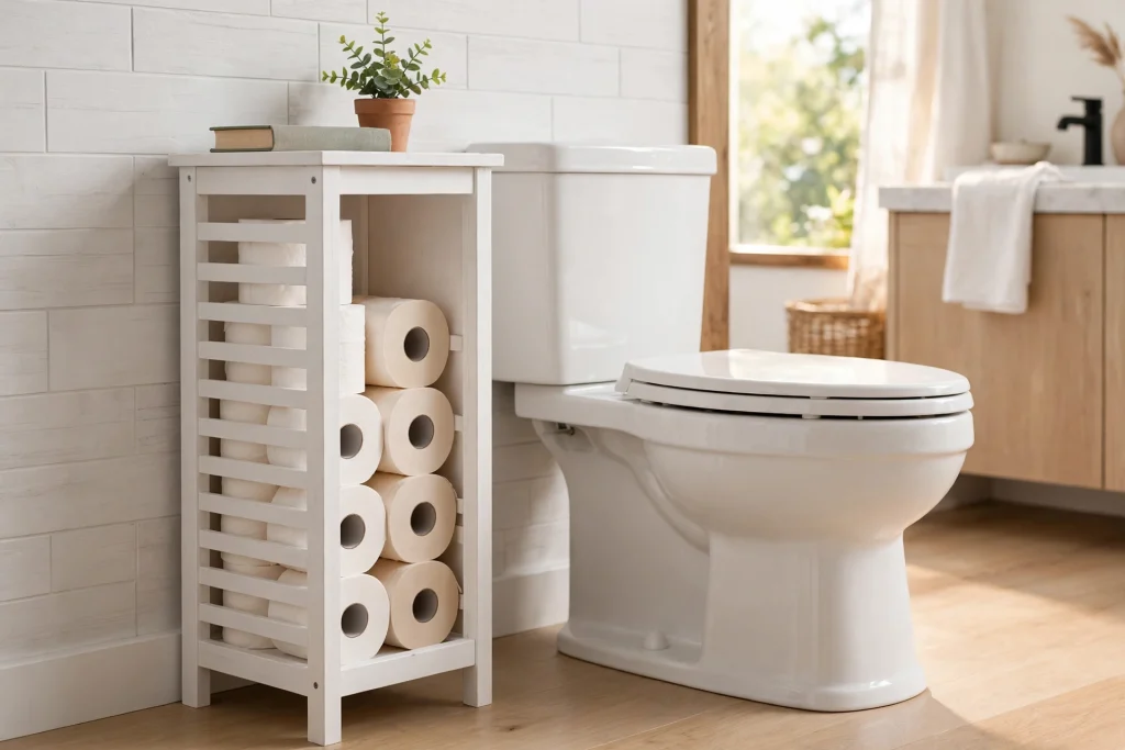 Narrow toilet paper storage tower beside a toilet