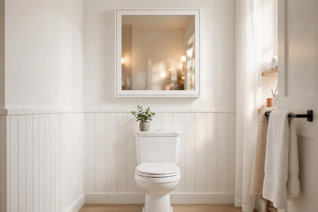 Mirrored medicine cabinet mounted above a toilet