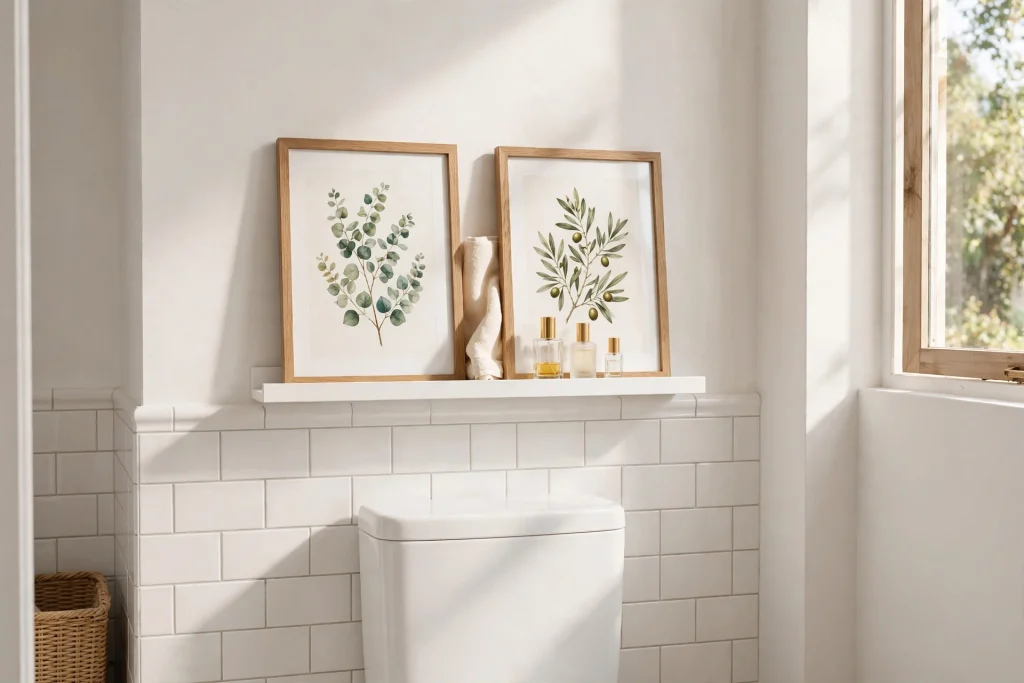 Picture ledge shelf with framed art above a toilet