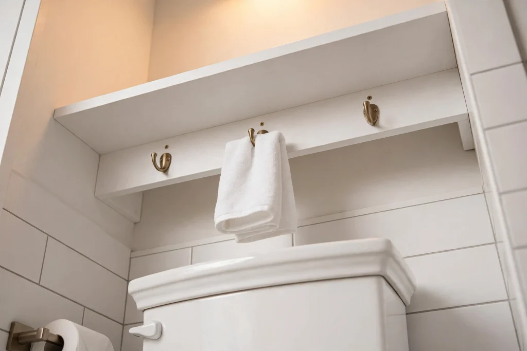 Small hooks under a bathroom shelf holding a hand towel