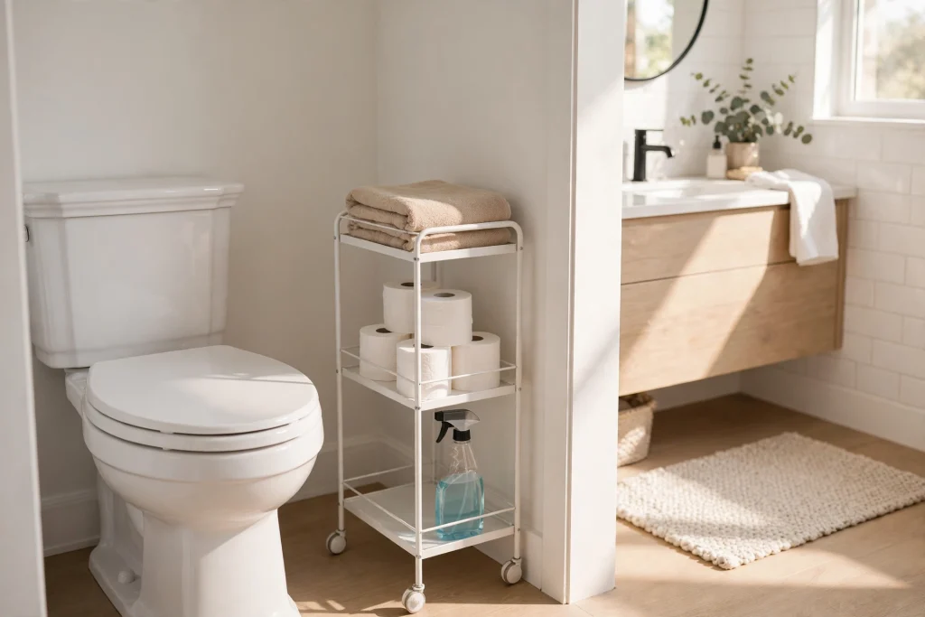 Slim rolling storage cart in the gap beside a toilet