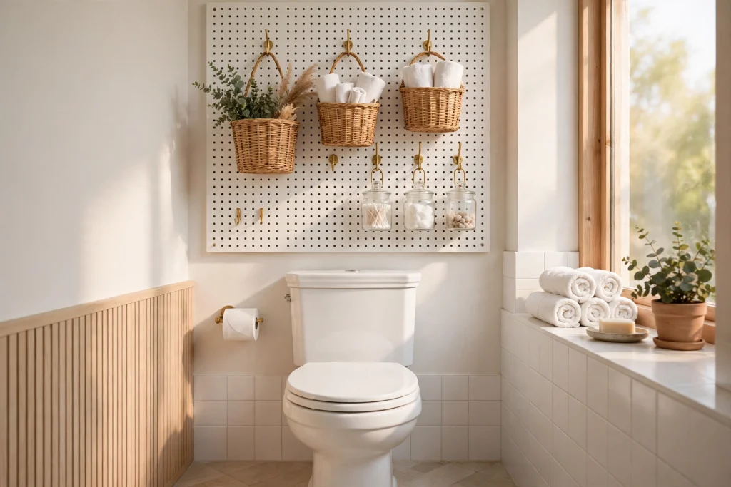 Painted pegboard with hooks and baskets above a toilet