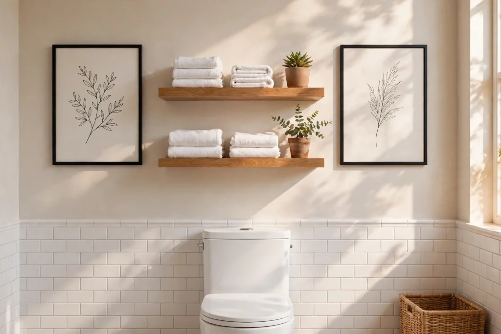 Gallery wall of framed art flanking shelves above a toilet