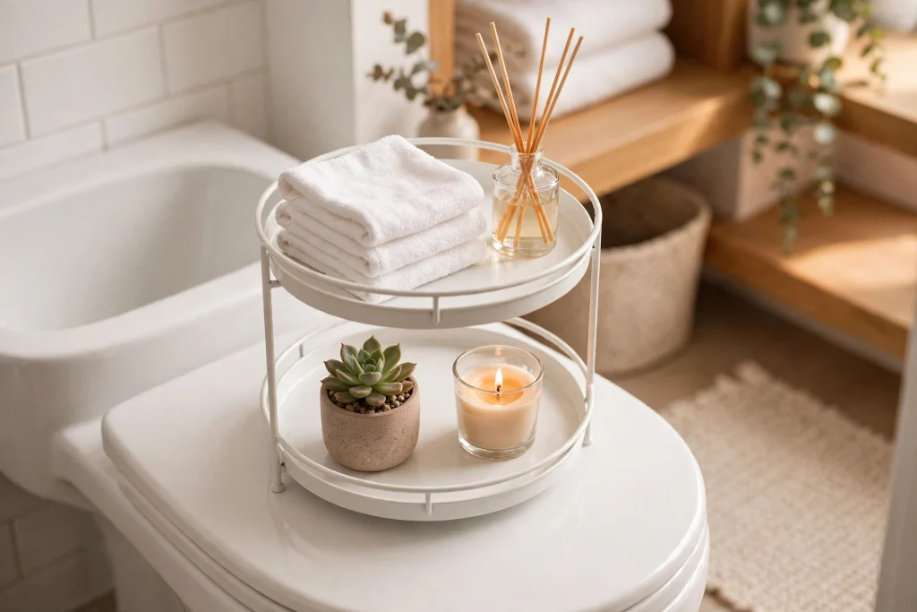 Two-tiered tray organizer on a toilet tank lid