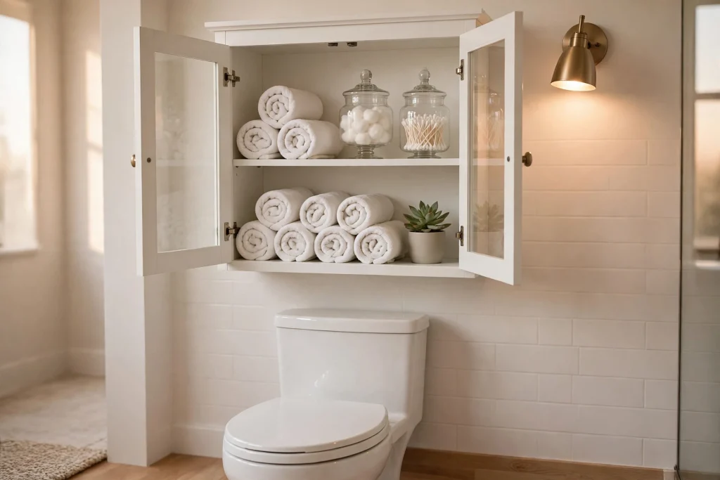 Glass-door wall cabinet above a toilet with rolled towels inside