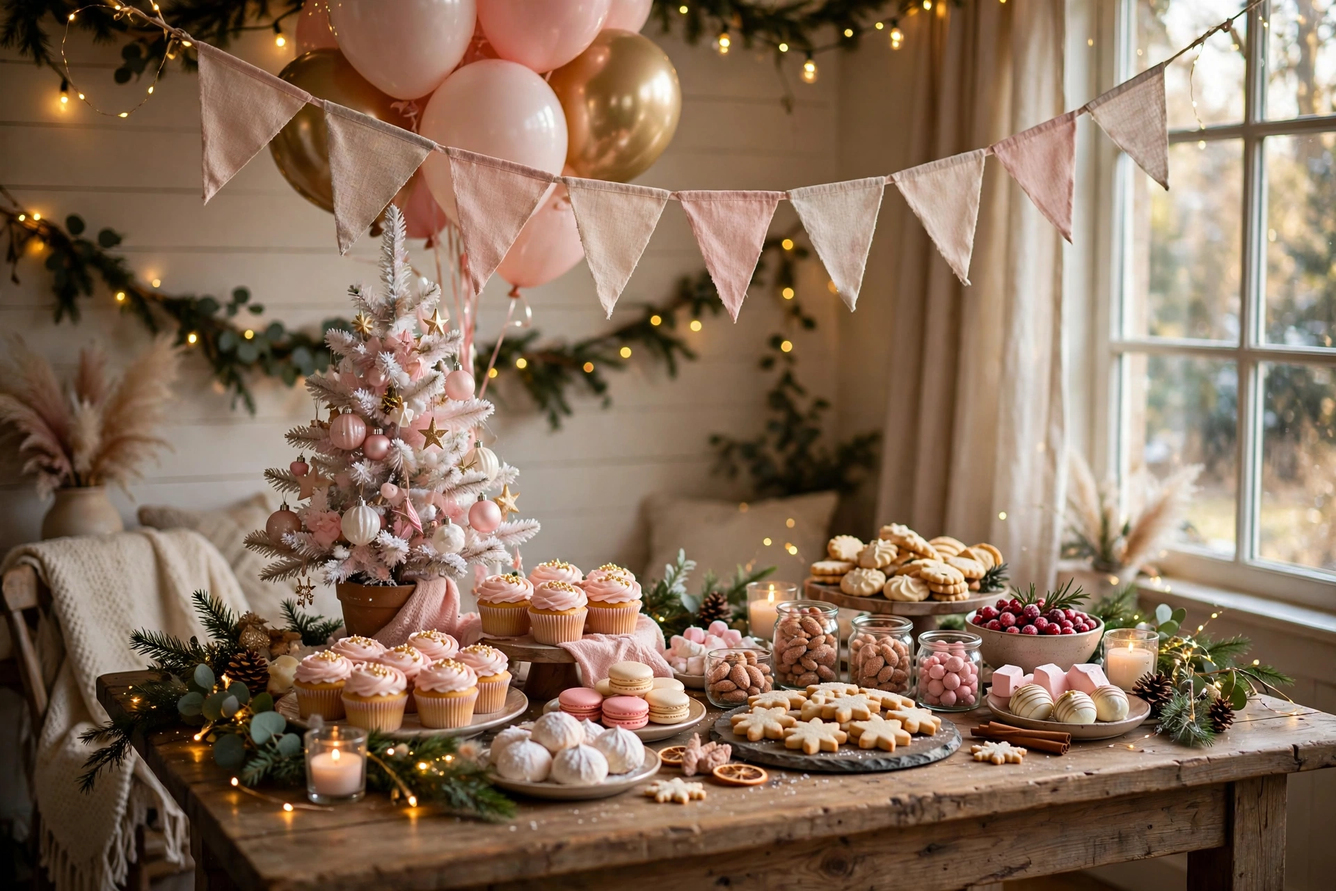 Cozy Christmas baby shower celebration with twinkle lights and festive holiday decor