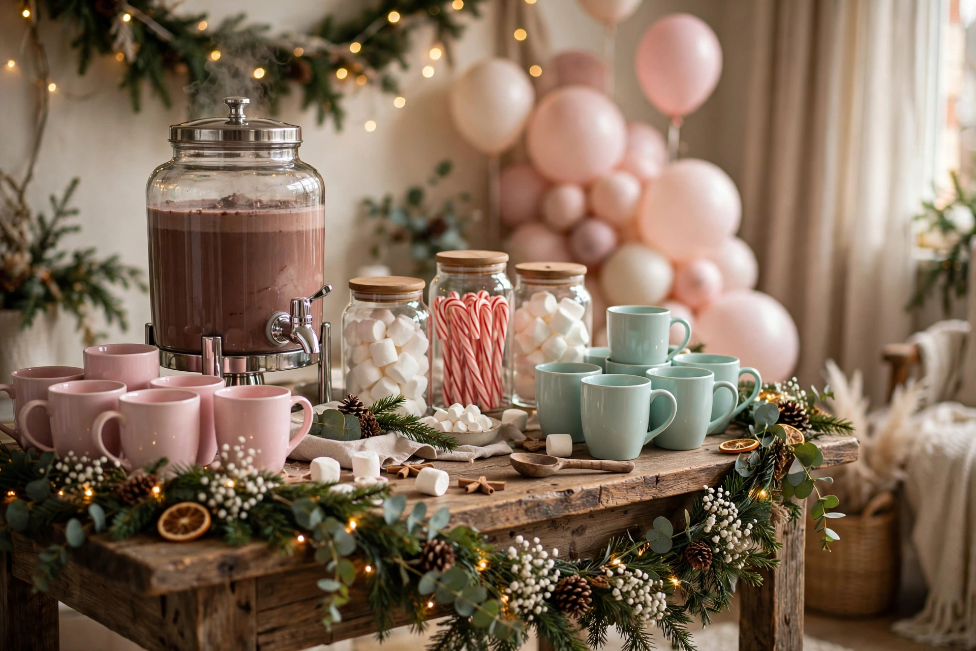 Hot cocoa bar with festive toppings for a Christmas baby shower