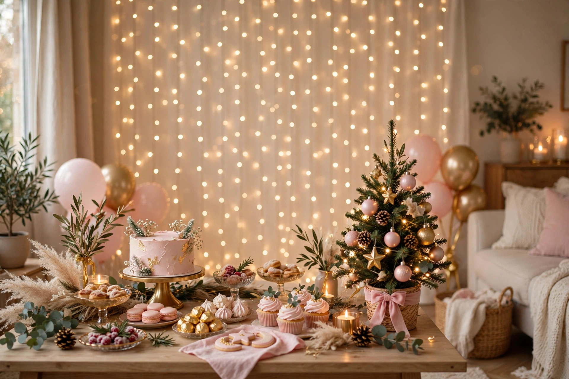 Twinkle light backdrop glowing behind a Christmas baby shower dessert table