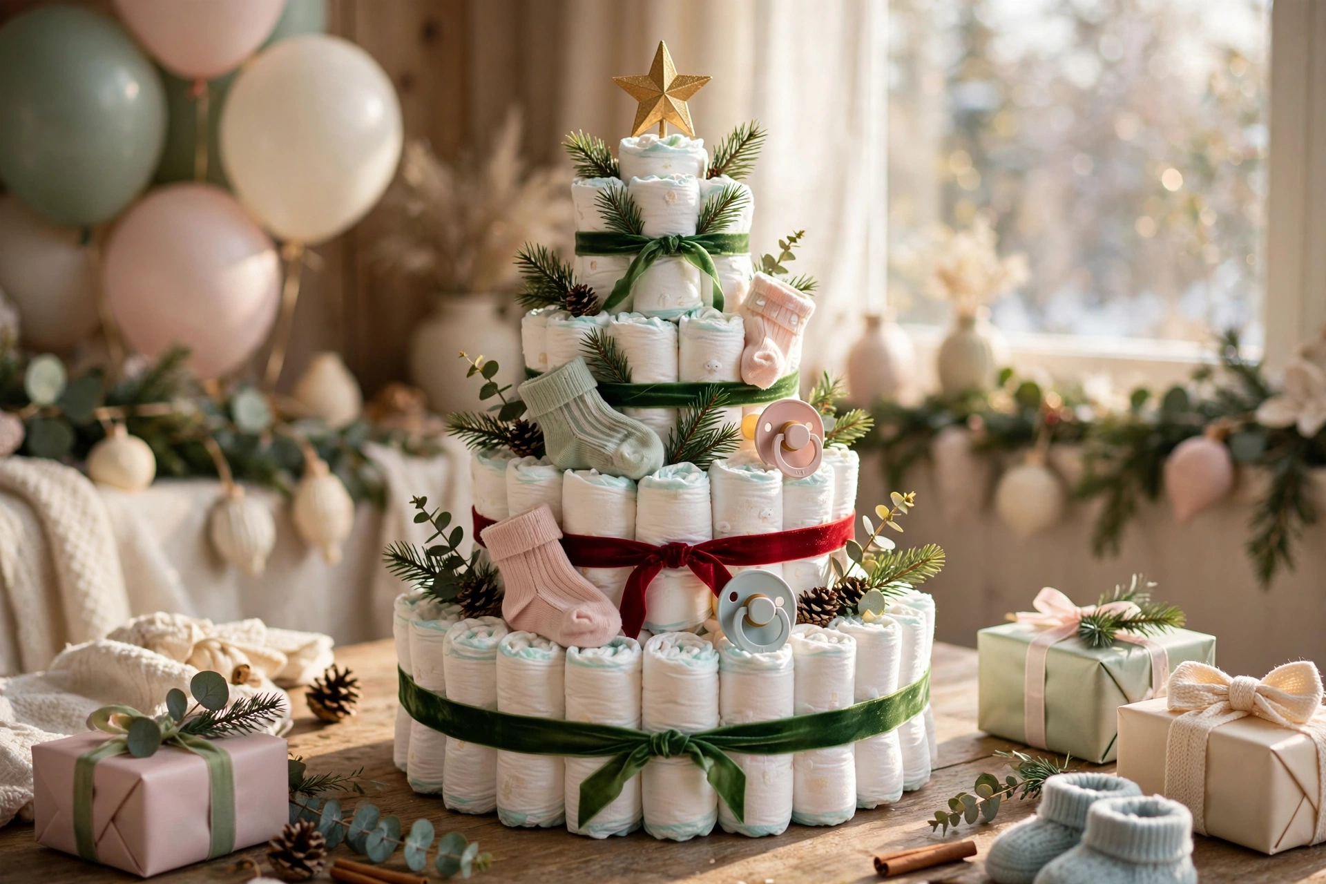 Christmas tree shaped diaper cake topped with a gold star