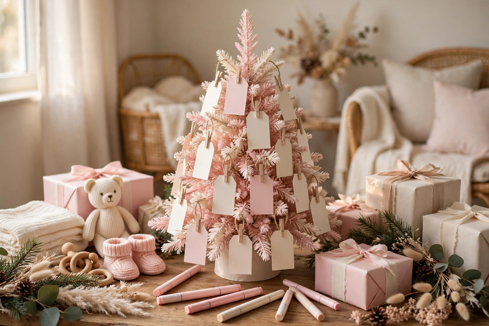 Ornament wish tree where guests hang parenting advice for the mama