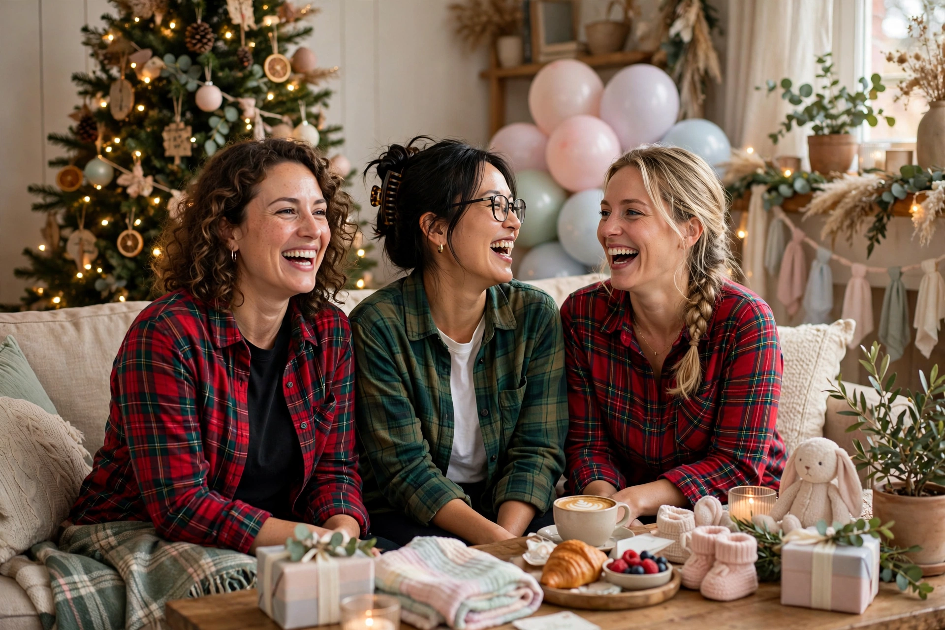 Guests in cozy flannel and fuzzy socks at a winter baby shower