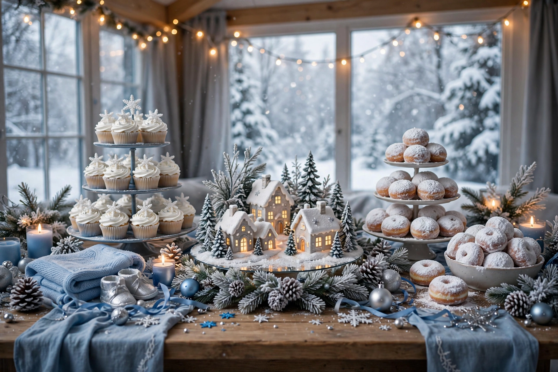 Winter wonderland dessert table styled in white and silver