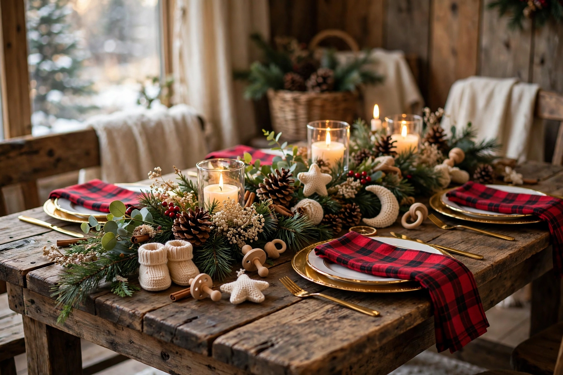 Plaid and pine Christmas baby shower table setting with a mini stocking