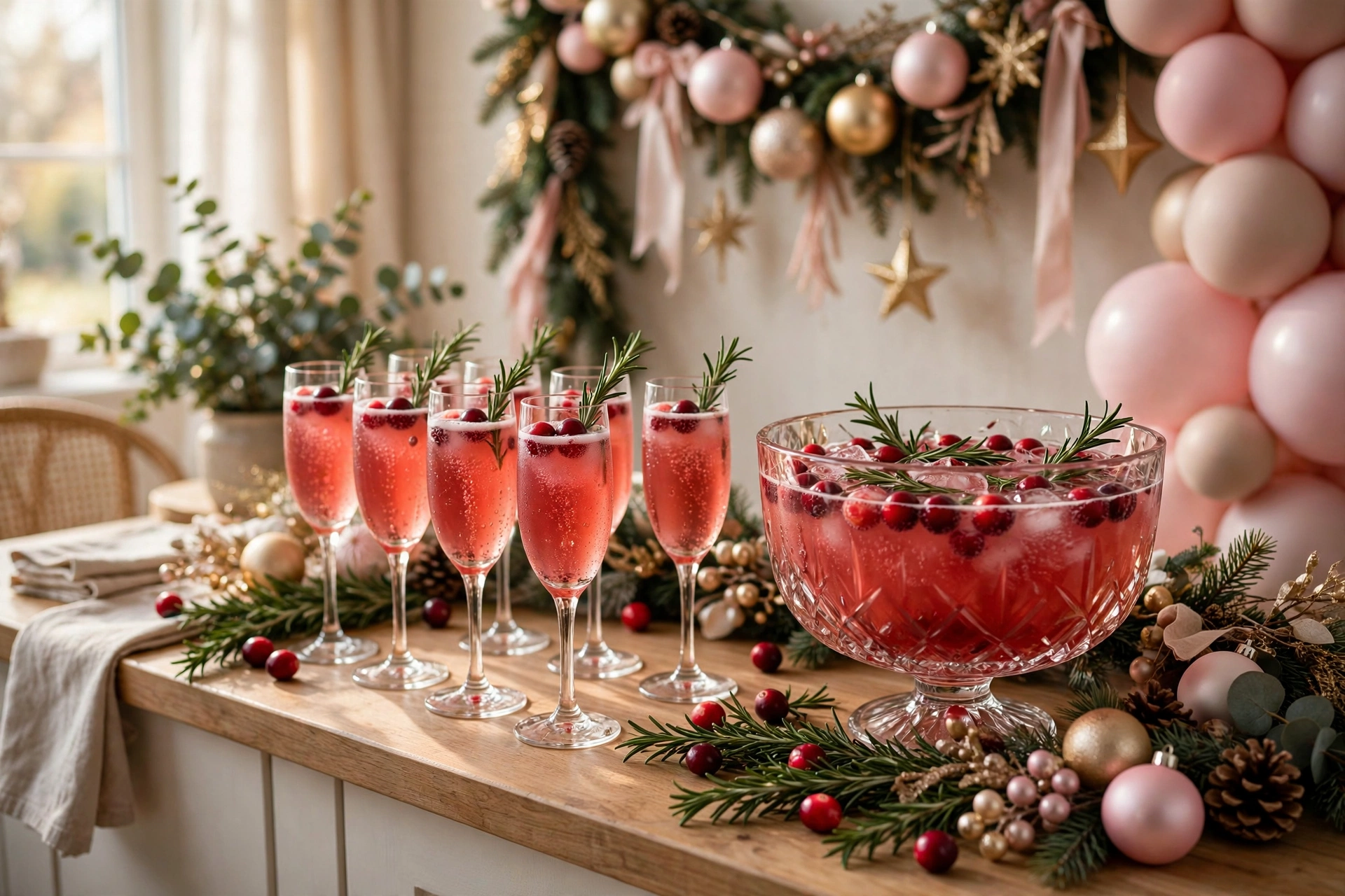 Festive Merry Mama mocktail bar with cranberry spritzers