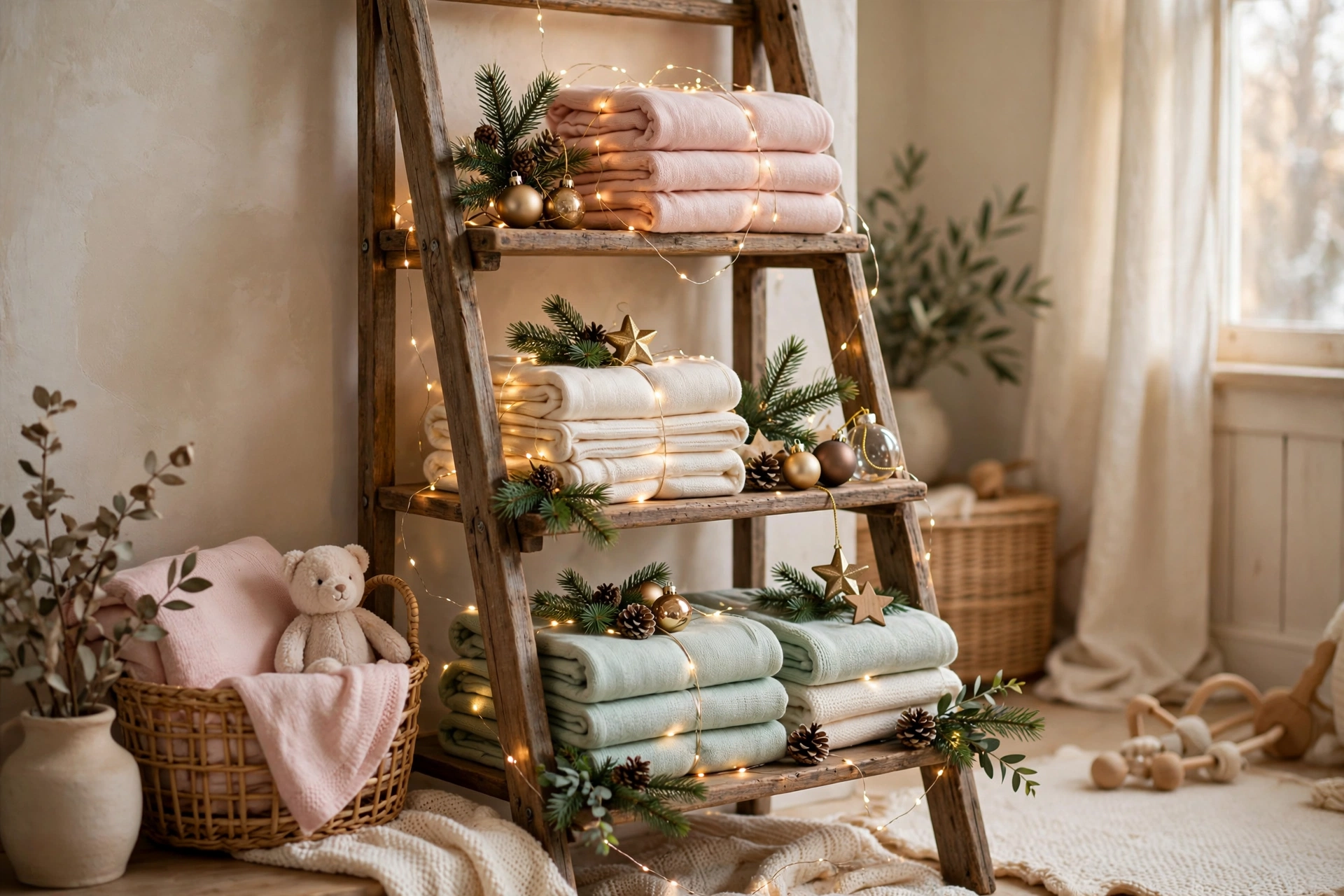 Cozy baby blankets draped over a wooden ladder gift display