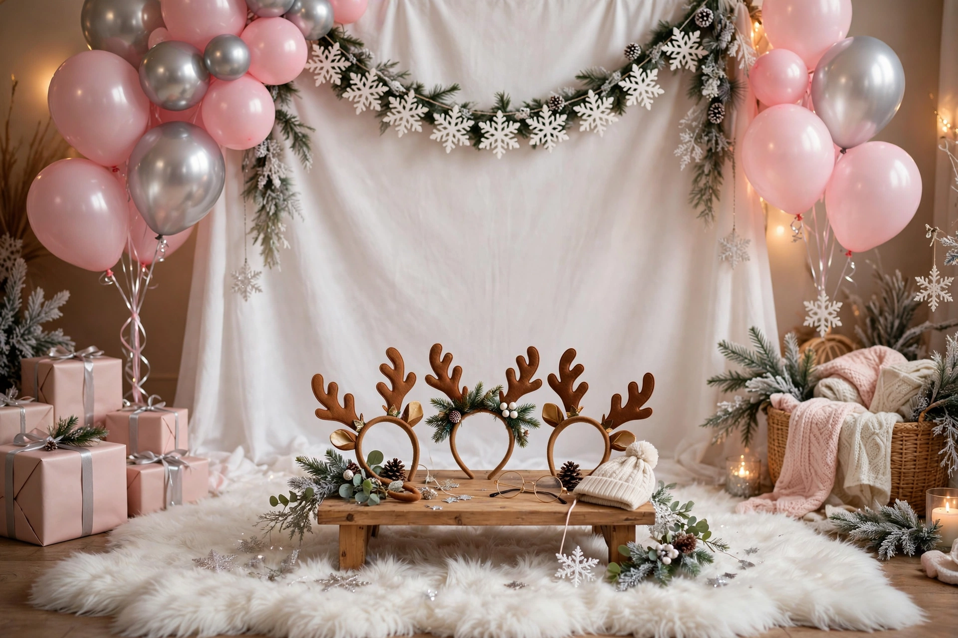Winter photoshoot station with a faux fur rug and mini Christmas tree
