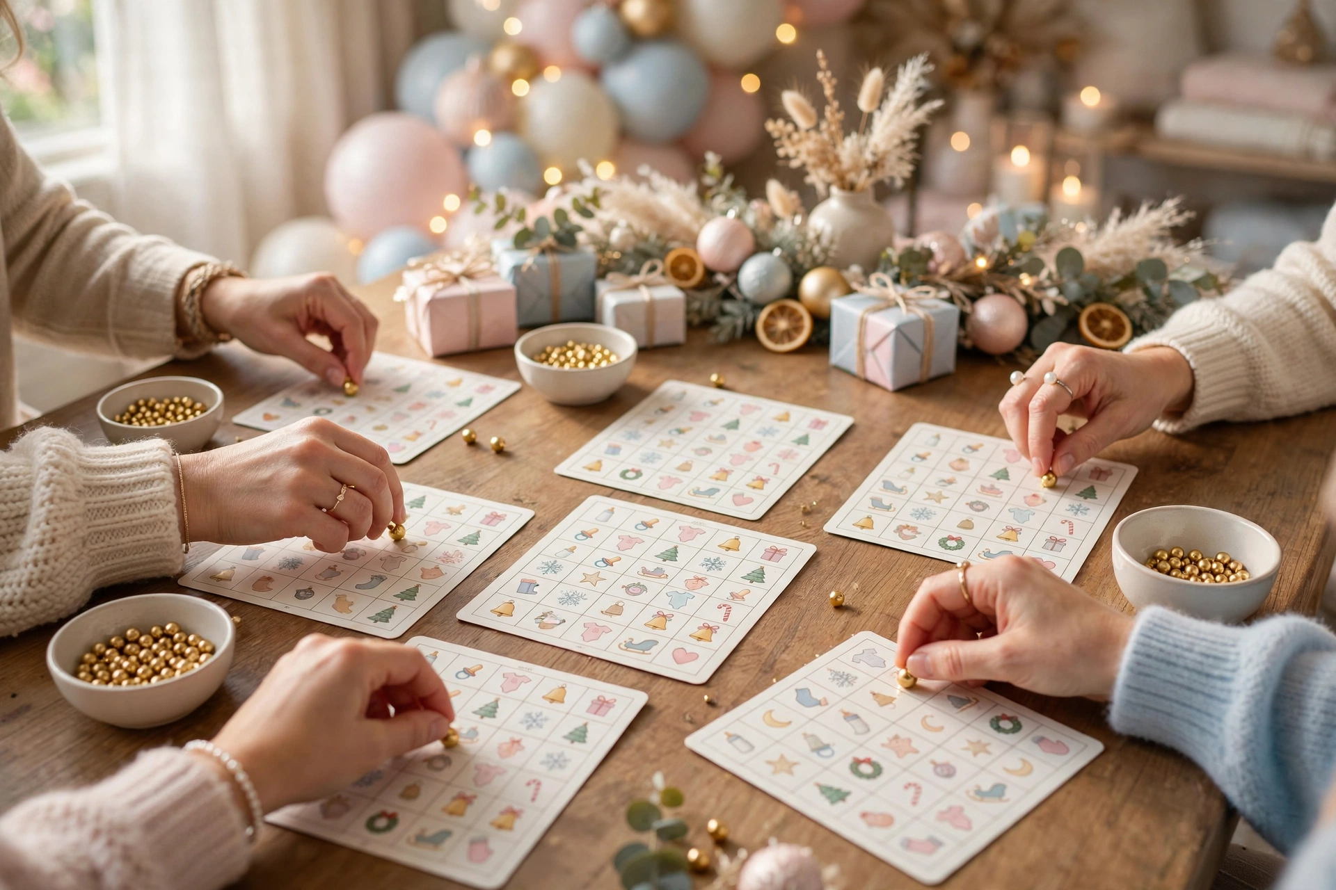 Christmas carol themed baby bingo cards with gift box prizes