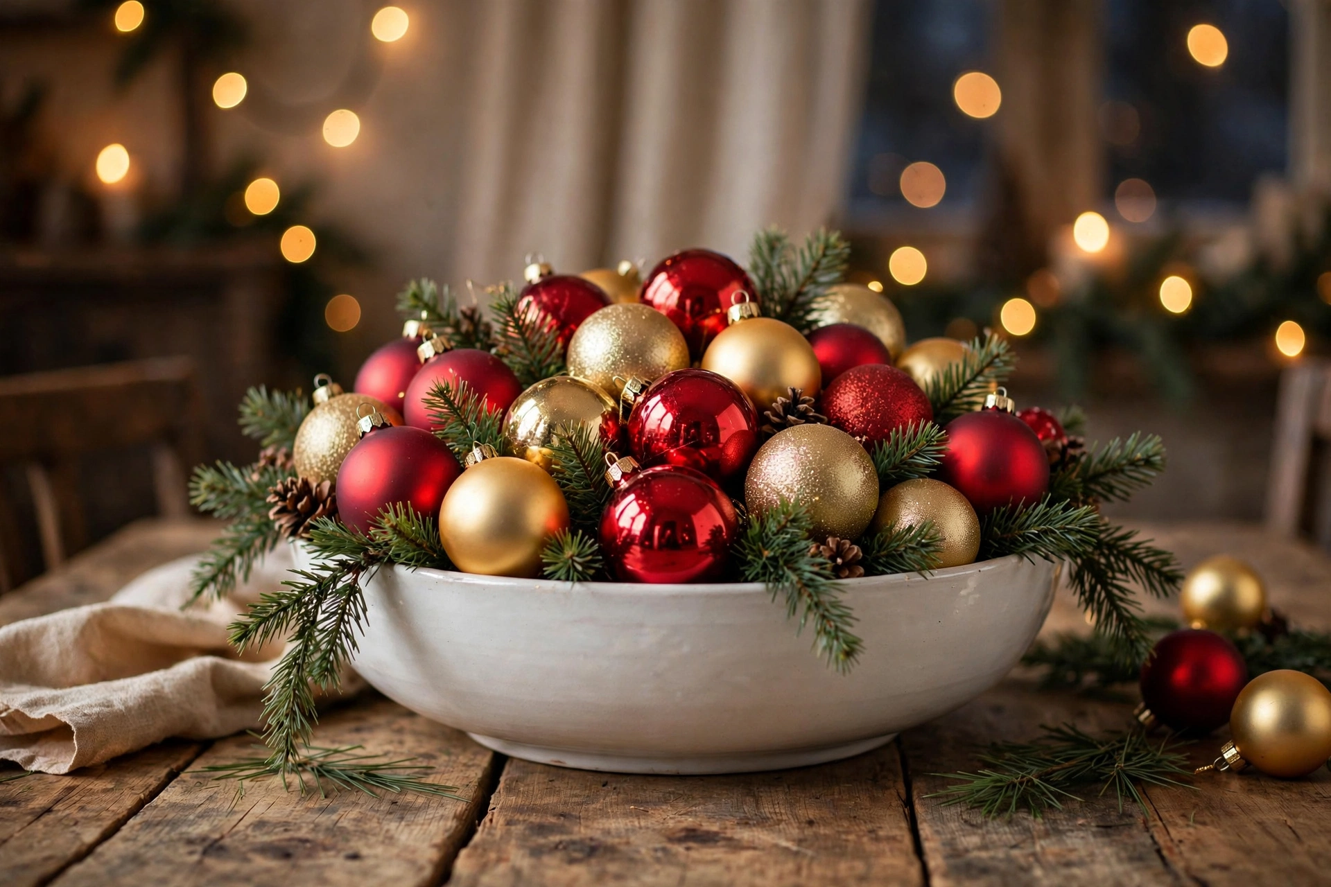 Classic red and gold ornament cluster Christmas centerpiece arranged in a low bowl