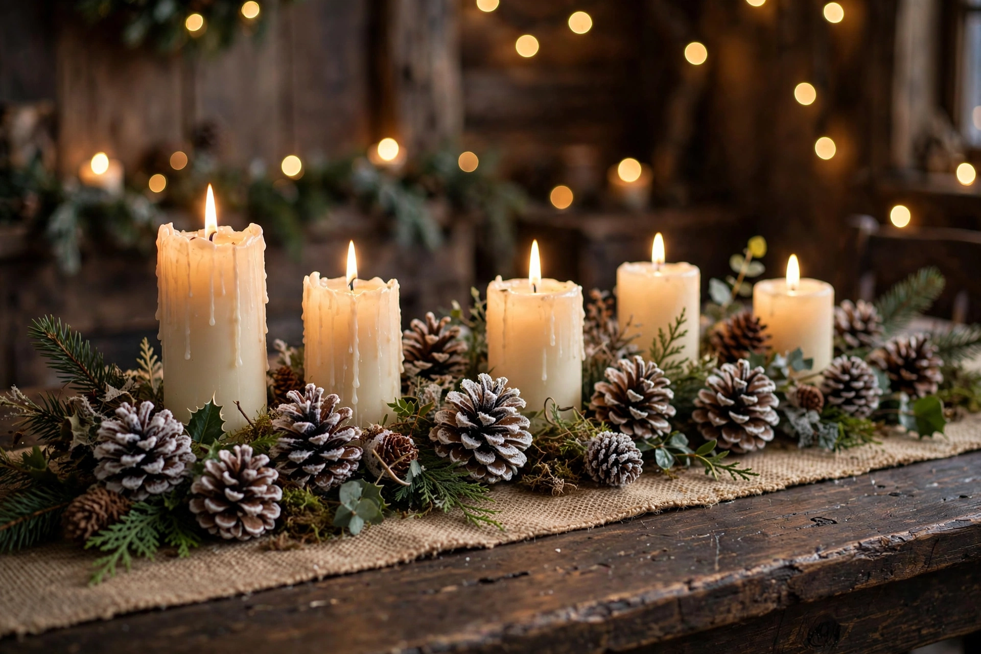Candlelit pinecone runner with pillar candles on a rustic holiday table