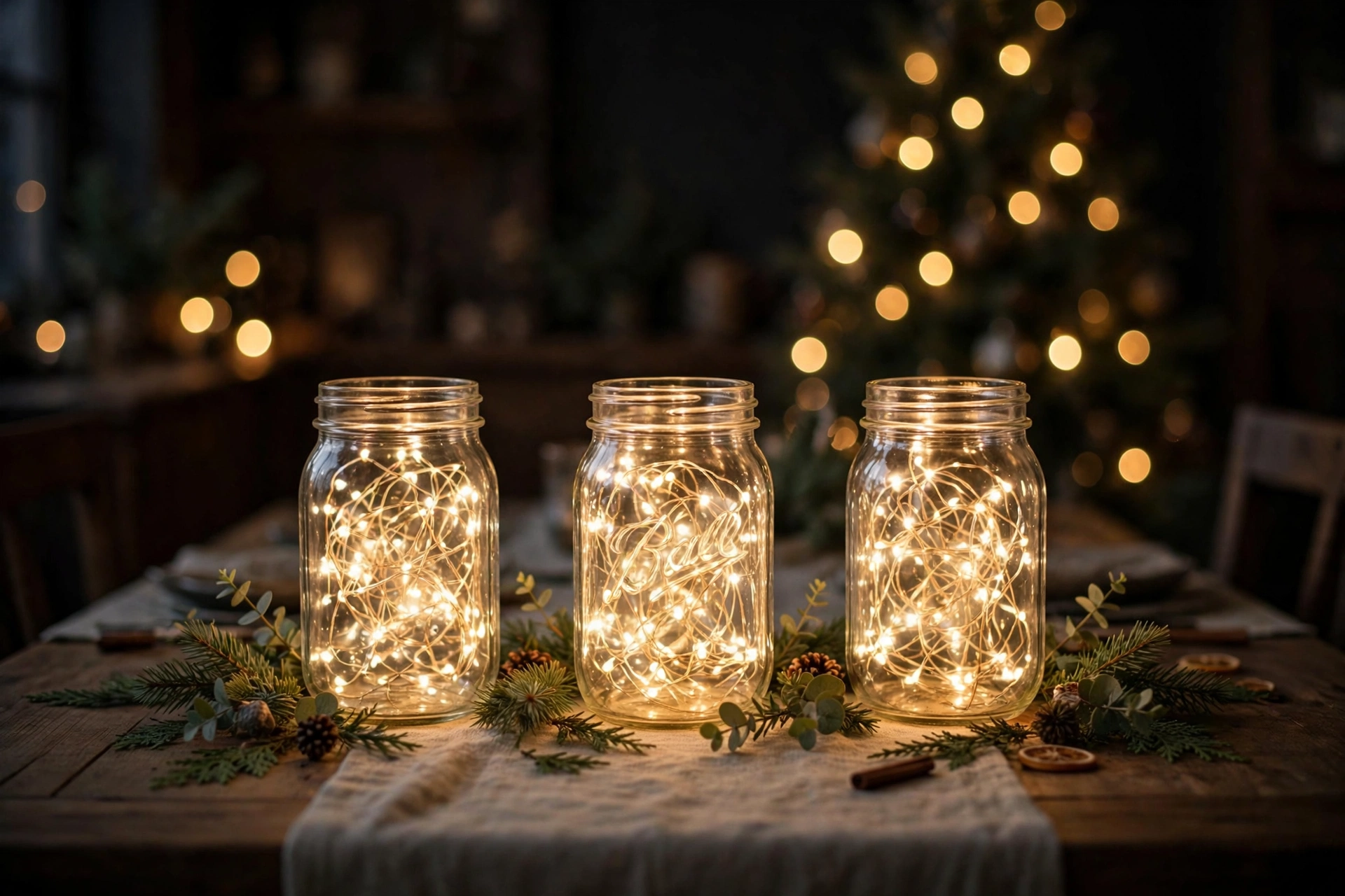 Mason jars filled with warm fairy lights as a Christmas table centerpiece