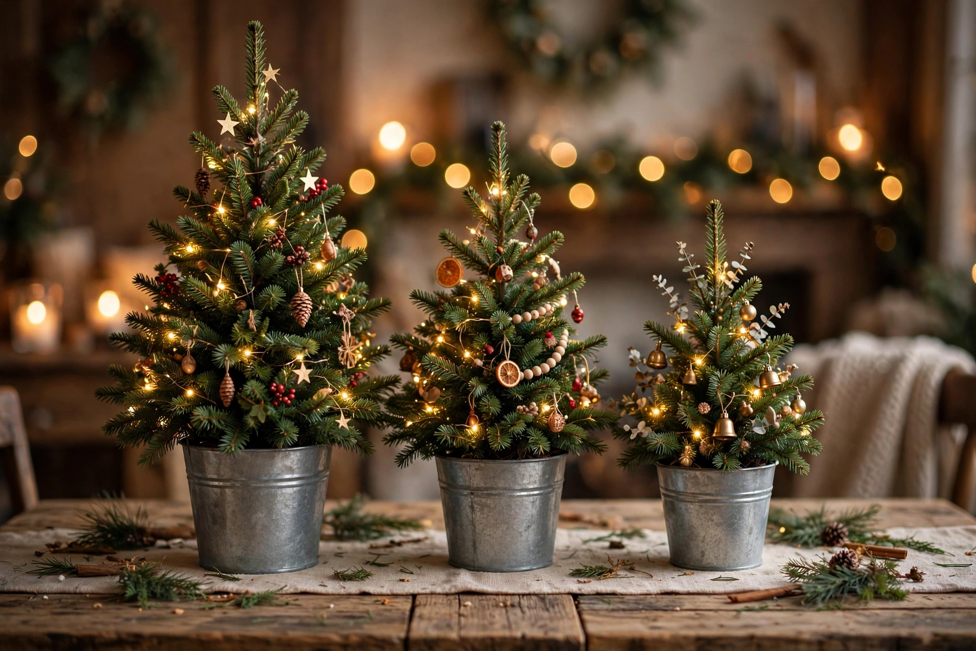Three small decorated tabletop Christmas trees forming a centerpiece forest